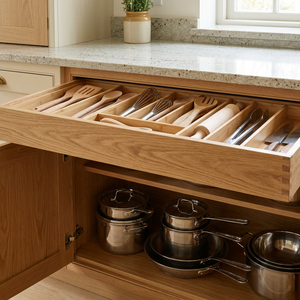 Adjustable Bamboo Drawer Dividers in kitchen drawer