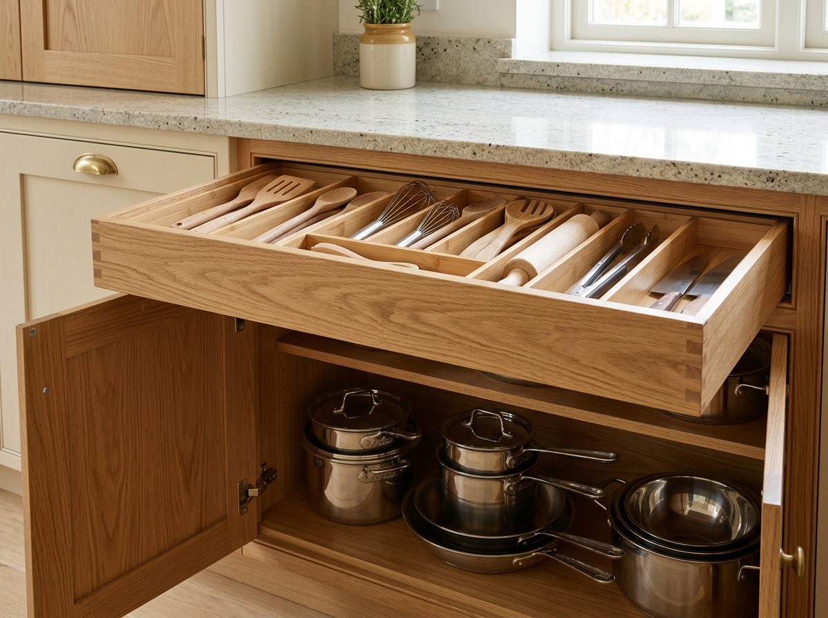 Adjustable Bamboo Drawer Dividers in kitchen drawer