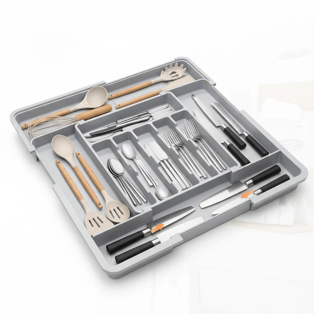 Multi-Compartment Kitchen Drawer Organizer – Adjustable Utensil Storage Tray, Kitchen Drawer Divider & Space-Saving Cutlery Organizer